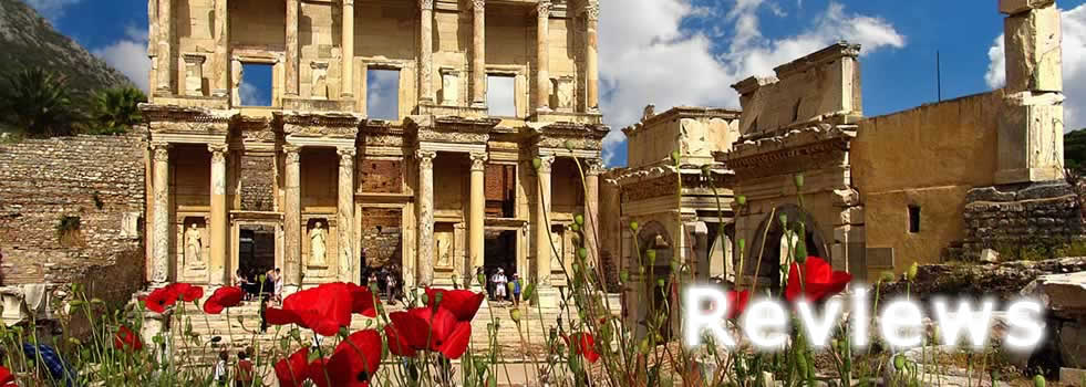 Ephesus Celsus Library with flowers (tulips)